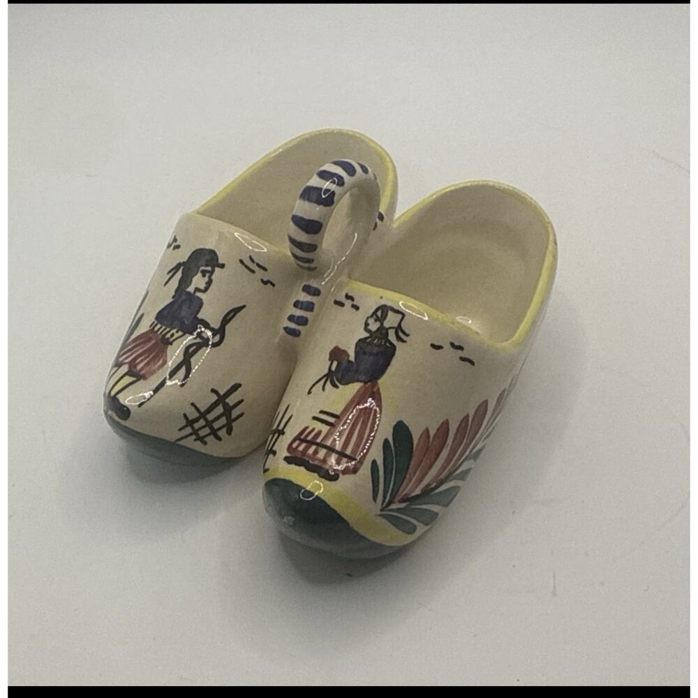 Vintage French Quimper Faience Double Clog Salt Cellar Breton Sabot Signed 4in
